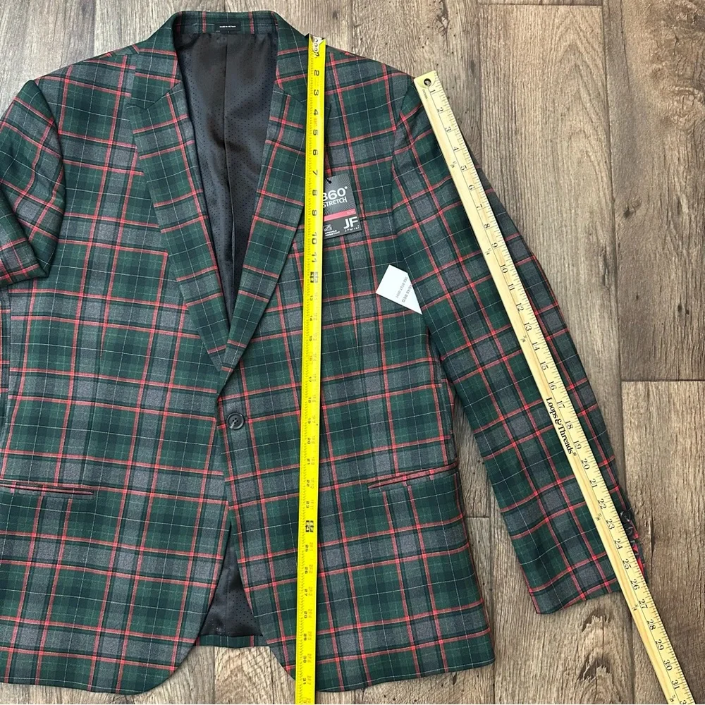 JF J Ferrar Sports Coat Slim Suit Jacket Men's XL 46/48 R Plaid Red Green